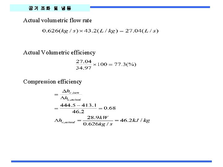 공기 조화 및 냉동 Actual volumetric flow rate Actual Volumetric efficiency Compression efficiency 