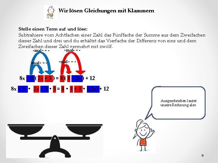 Wir lösen Gleichungen mit Klammern Stelle einen Term auf und löse: Subtrahiere vom Achtfachen