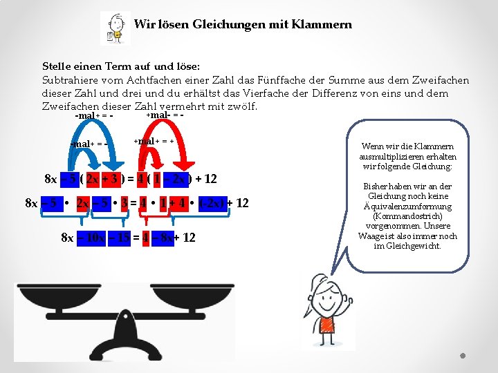 Wir lösen Gleichungen mit Klammern Stelle einen Term auf und löse: Subtrahiere vom Achtfachen