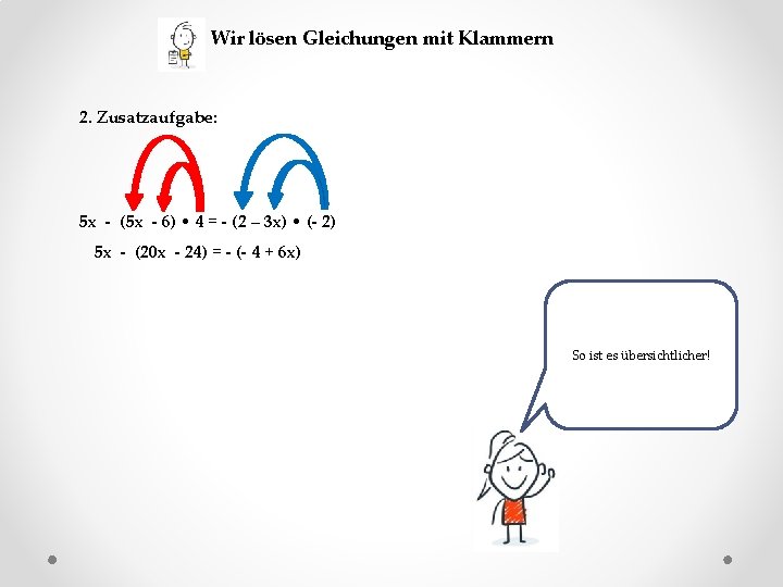 Wir lösen Gleichungen mit Klammern 2. Zusatzaufgabe: 5 x - (5 x - 6)