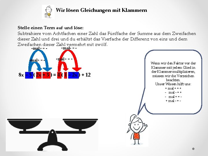 Wir lösen Gleichungen mit Klammern Stelle einen Term auf und löse: Subtrahiere vom Achtfachen