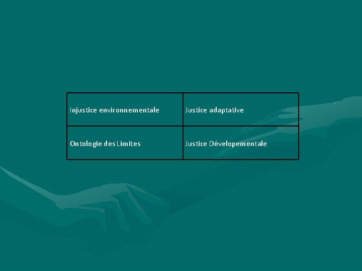 Injustice environnementale Justice adaptative Ontologie des Limites Justice Dévelopementale 