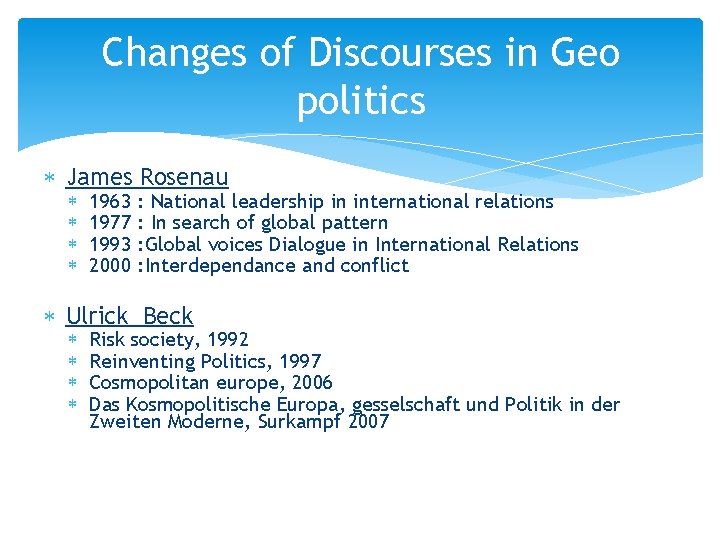 Changes of Discourses in Geo politics James Rosenau 1963 1977 1993 2000 : National
