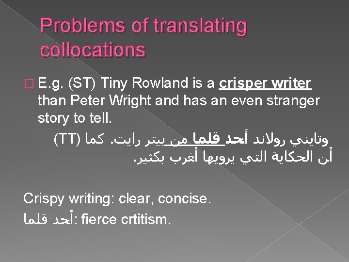 Problems of translating collocations � E. g. (ST) Tiny Rowland is a crisper writer