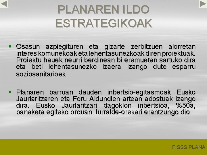 PLANAREN ILDO ESTRATEGIKOAK § Osasun azpiegituren eta gizarte zerbitzuen alorretan interes komunekoak eta lehentasunezkoak