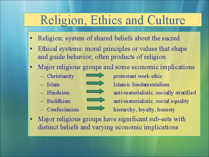 Religion, Ethics and Culture • Religion: system of shared beliefs about the sacred •