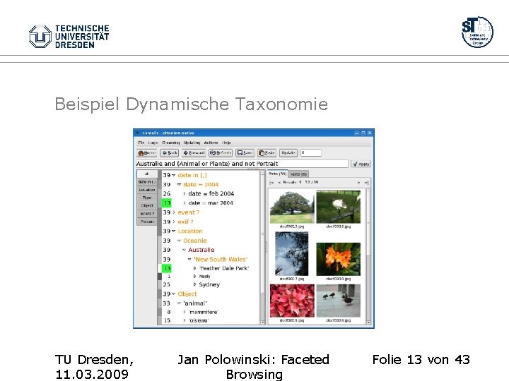 Beispiel Dynamische Taxonomie TU Dresden, 11. 03. 2009 Jan Polowinski: Faceted Browsing Folie 13