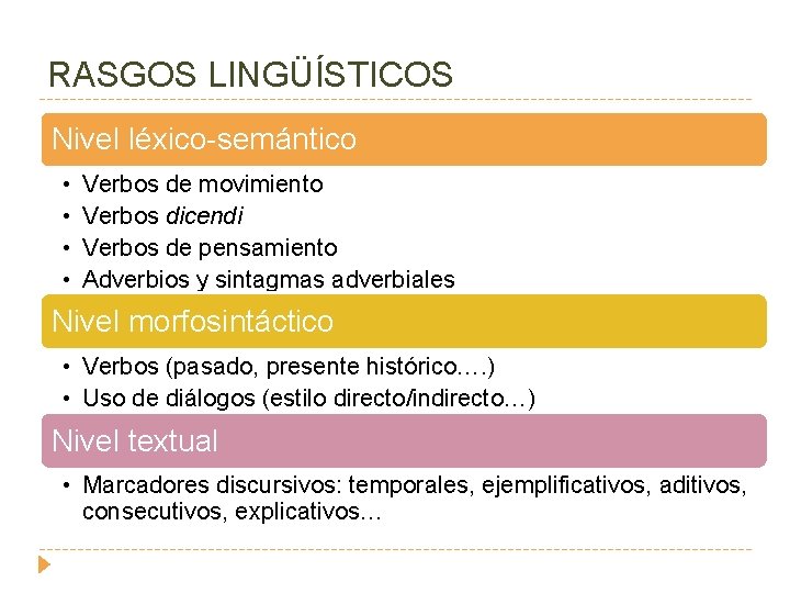 RASGOS LINGÜÍSTICOS Nivel léxico-semántico • • Verbos de movimiento Verbos dicendi Verbos de pensamiento