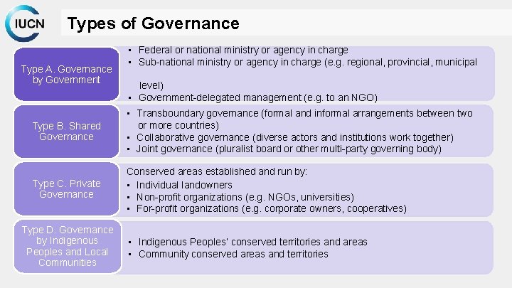 Types of Governance Type A. Governance by Government • Federal or national ministry or