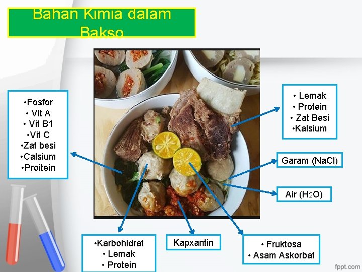 Bahan Kimia dalam Bakso • Lemak • Protein • Zat Besi • Kalsium •