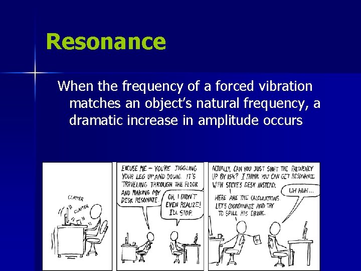 Resonance When the frequency of a forced vibration matches an object’s natural frequency, a