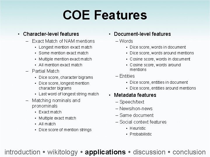 COE Features • Character level features – Exact Match of NAM mentions • •