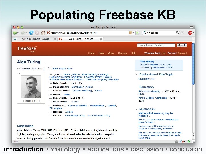 Populating Freebase KB introduction wikitology applications discussion conclusion 