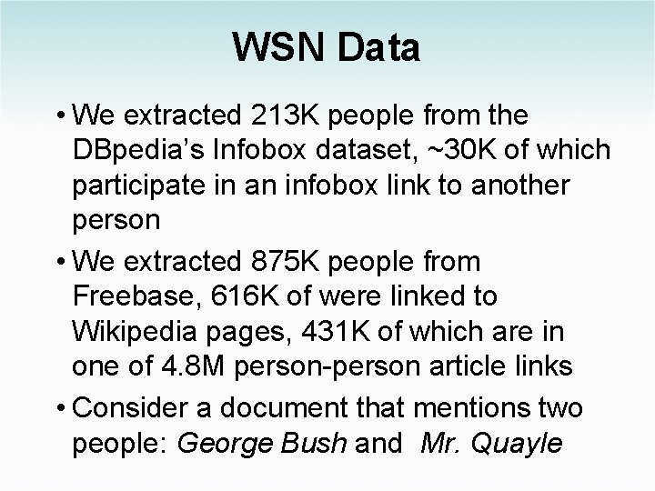 WSN Data • We extracted 213 K people from the DBpedia’s Infobox dataset, ~30