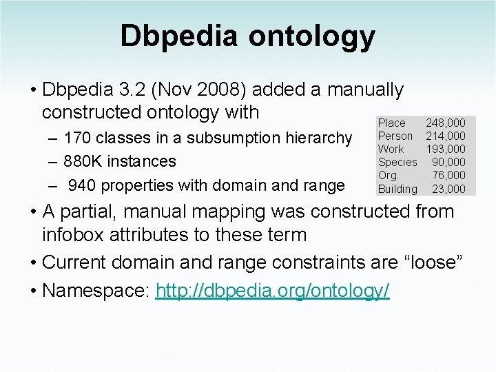 Dbpedia ontology • Dbpedia 3. 2 (Nov 2008) added a manually constructed ontology with