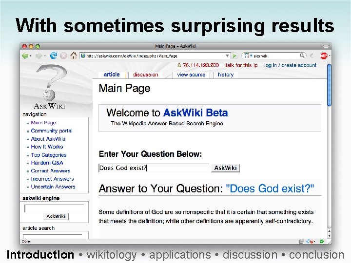 With sometimes surprising results introduction wikitology applications discussion conclusion 