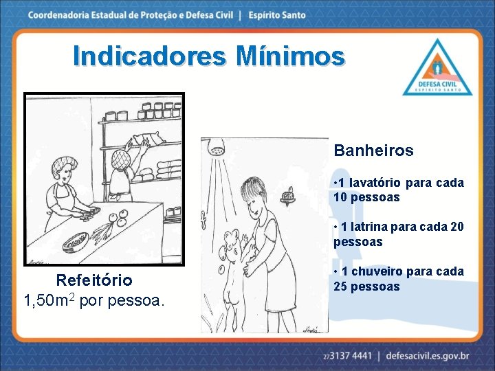 Indicadores Mínimos Banheiros • 1 lavatório para cada 10 pessoas • 1 latrina para