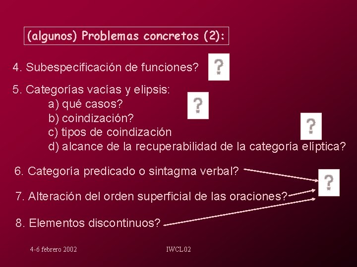 (algunos) Problemas concretos (2): 4. Subespecificación de funciones? 5. Categorías vacías y elipsis: a)