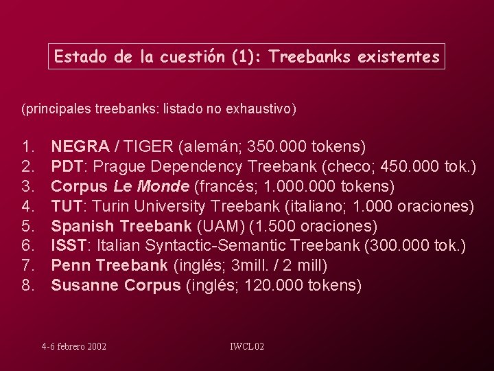 Estado de la cuestión (1): Treebanks existentes (principales treebanks: listado no exhaustivo) 1. 2.