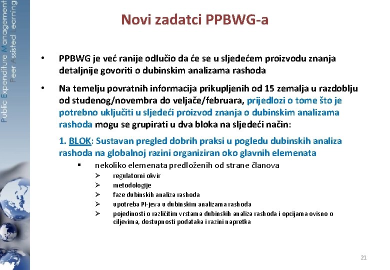 Novi zadatci PPBWG-a • PPBWG je već ranije odlučio da će se u sljedećem