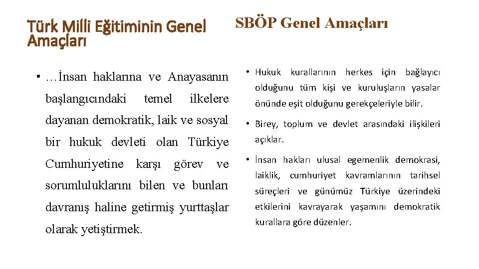 Türk Milli Eğitiminin Genel Amaçları • …İnsan haklarına ve Anayasanın başlangıcındaki temel ilkelere dayanan