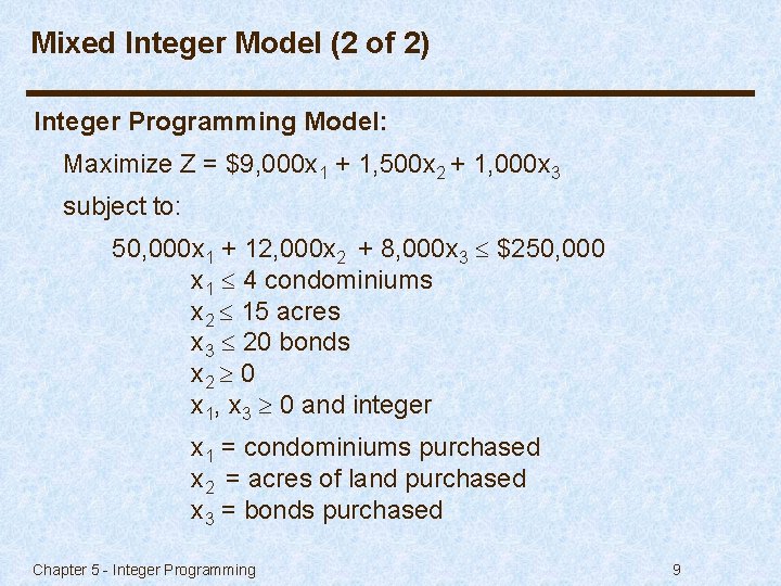 Mixed Integer Model (2 of 2) Integer Programming Model: Maximize Z = $9, 000