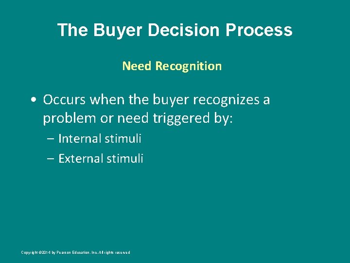 The Buyer Decision Process Need Recognition • Occurs when the buyer recognizes a problem