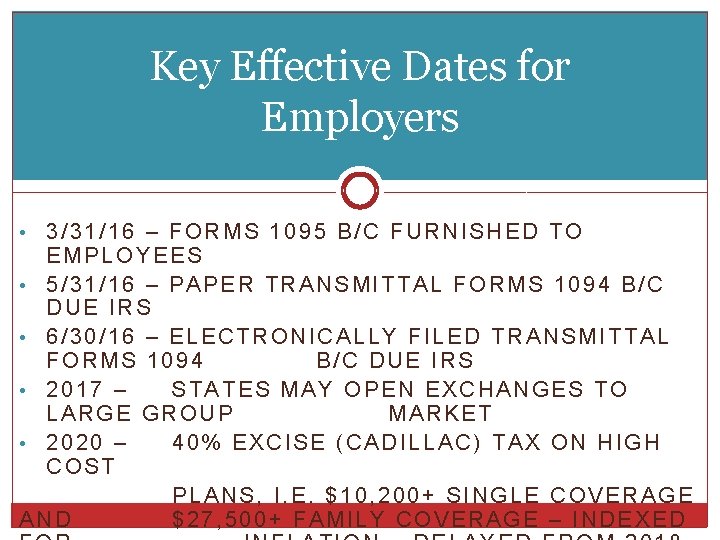 Key Effective Dates for Employers 3/31/16 – FORMS 1095 B/C FURNISHED TO EMPLOYEES •