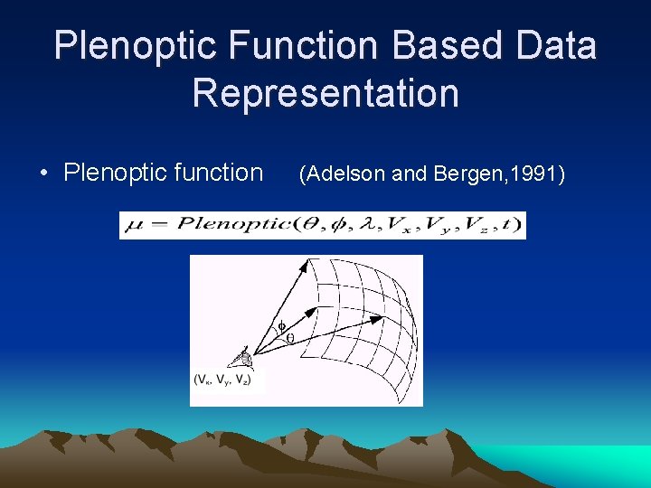 Plenoptic Function Based Data Representation • Plenoptic function (Adelson and Bergen, 1991) 