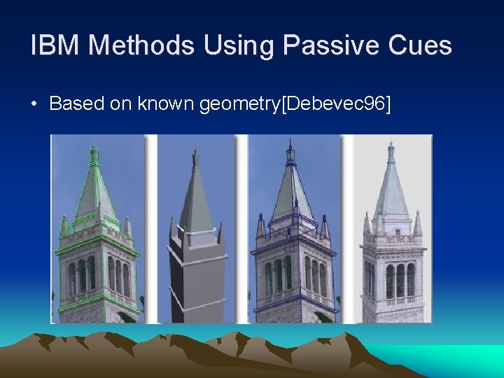 IBM Methods Using Passive Cues • Based on known geometry[Debevec 96] 
