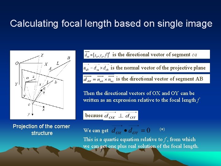 Calculating focal length based on single image is the directional vector of segment ca