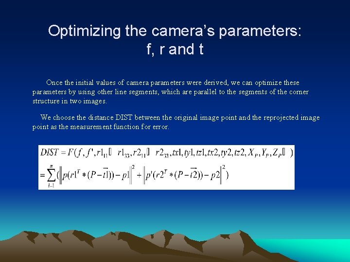 Optimizing the camera’s parameters: f, r and t Once the initial values of camera