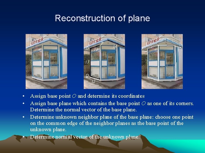 Reconstruction of plane • Assign base point O and determine its coordinates • Assign