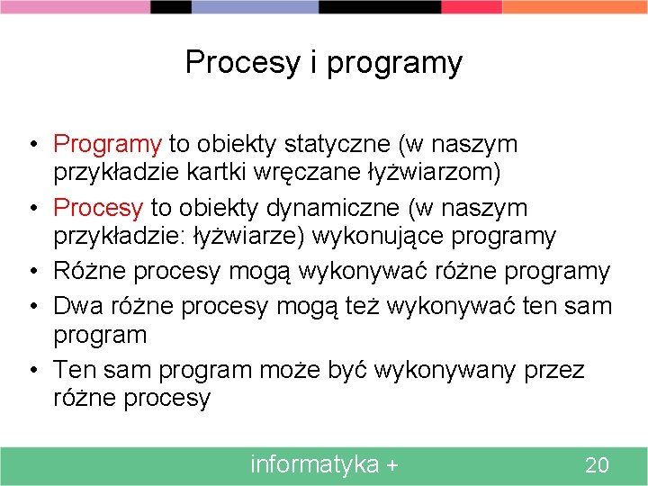 Procesy i programy • Programy to obiekty statyczne (w naszym przykładzie kartki wręczane łyżwiarzom)