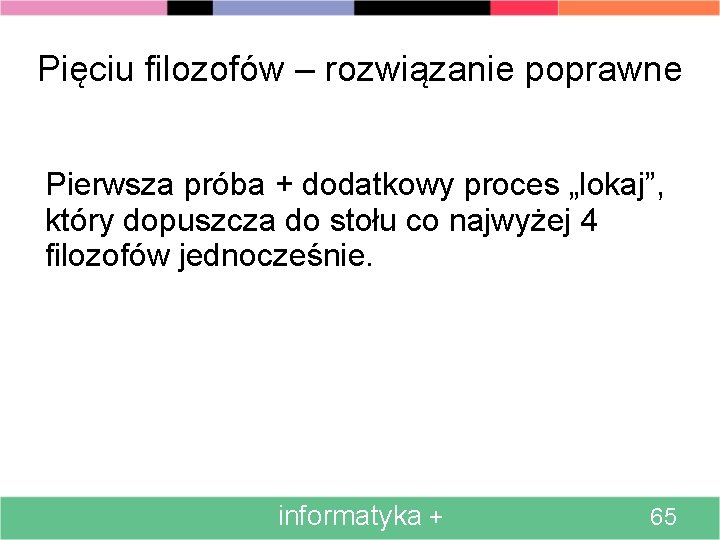 Pięciu filozofów – rozwiązanie poprawne Pierwsza próba + dodatkowy proces „lokaj”, który dopuszcza do