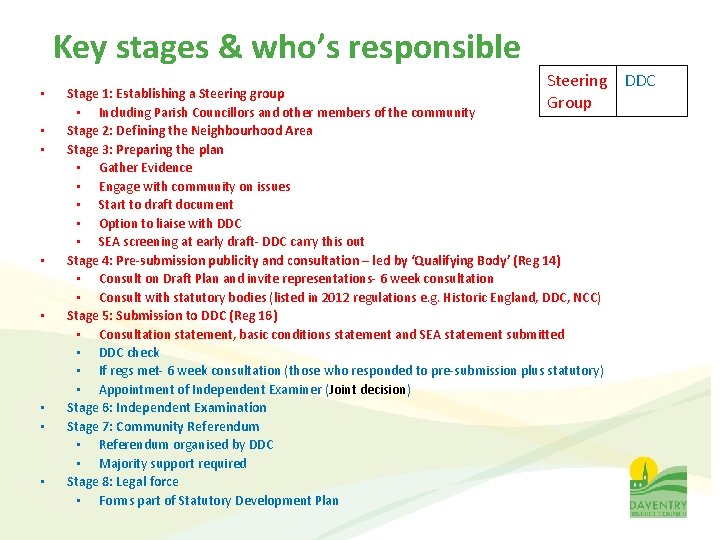 Key stages & who’s responsible • • Steering DDC Stage 1: Establishing a Steering