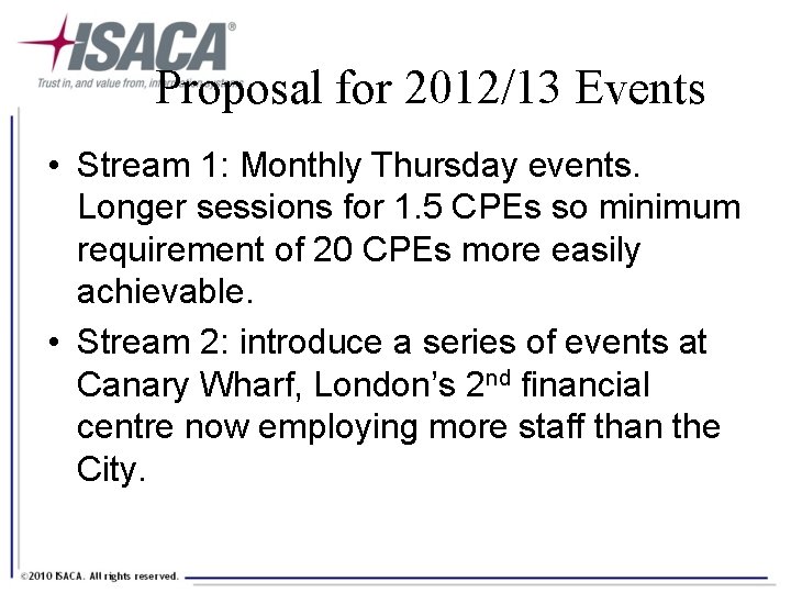 Proposal for 2012/13 Events • Stream 1: Monthly Thursday events. Longer sessions for 1.