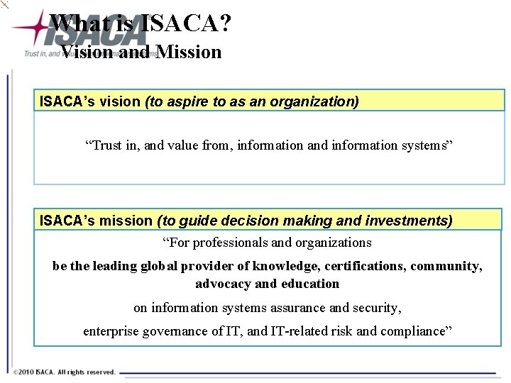 What is ISACA? Vision and Mission ISACA’s vision (to aspire to as an organization)