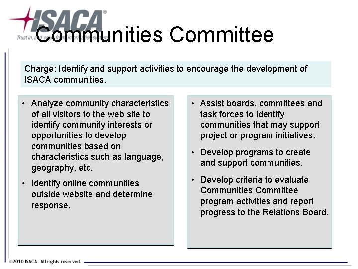 Communities Committee Charge: Identify and support activities to encourage the development of ISACA communities.