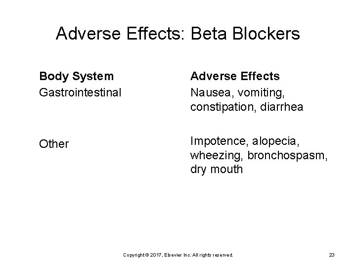 Adverse Effects: Beta Blockers Body System Gastrointestinal Adverse Effects Nausea, vomiting, constipation, diarrhea Other