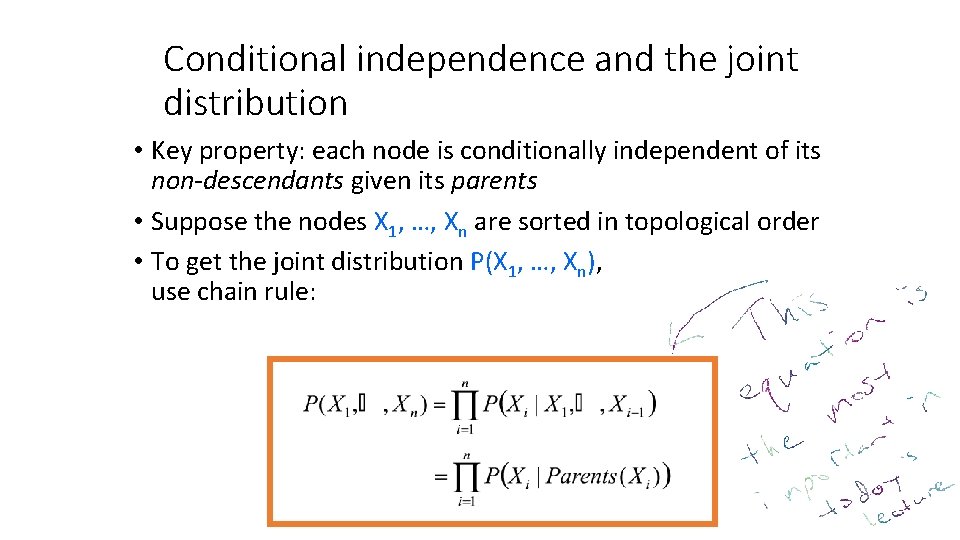 Conditional independence and the joint distribution • Key property: each node is conditionally independent