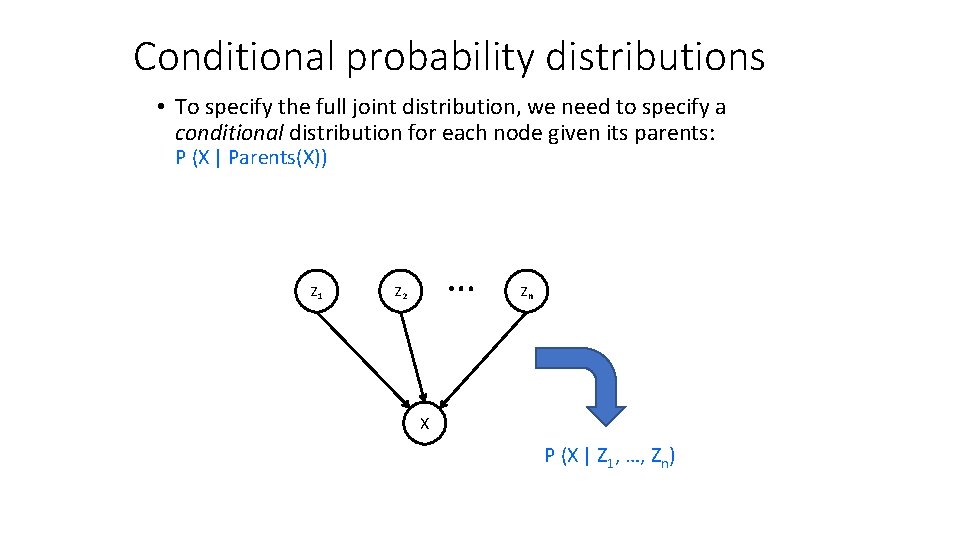 Conditional probability distributions • To specify the full joint distribution, we need to specify