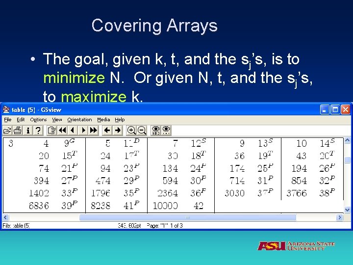 Covering Arrays • The goal, given k, t, and the sj’s, is to minimize