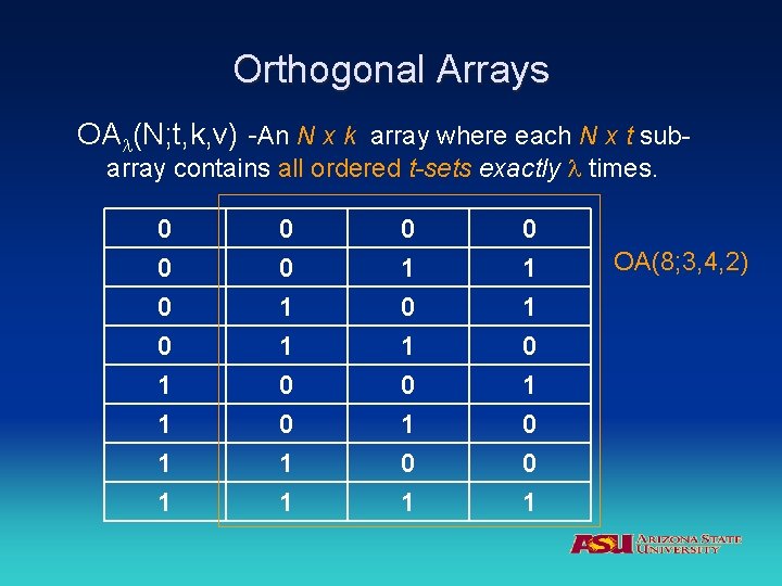 Orthogonal Arrays OA (N; t, k, v) -An N x k array where each