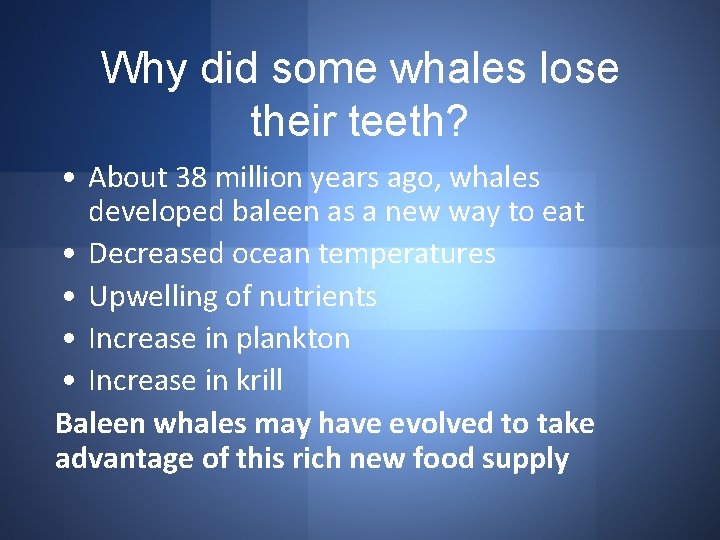 Why did some whales lose their teeth? • About 38 million years ago, whales
