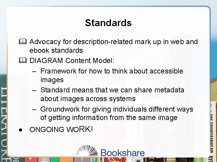 Standards & Advocacy for description-related mark up in web and ebook standards & DIAGRAM