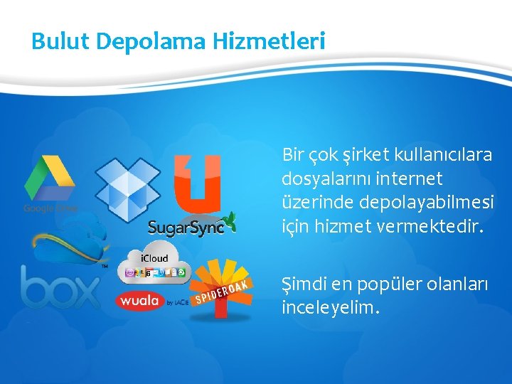 Bulut Depolama Hizmetleri Bir çok şirket kullanıcılara dosyalarını internet üzerinde depolayabilmesi için hizmet vermektedir.