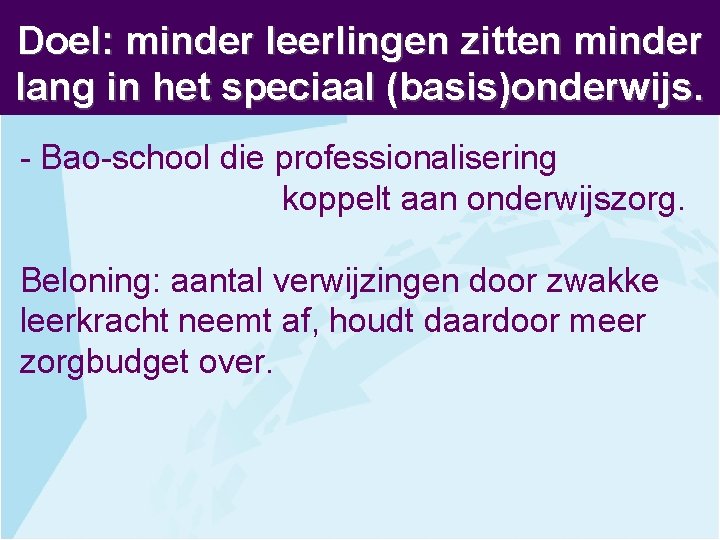 Doel: minder leerlingen zitten minder lang in het speciaal (basis)onderwijs. - Bao-school die professionalisering