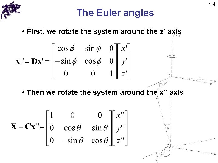 The Euler angles • First, we rotate the system around the z’ axis • The Euler angles • First, we rotate the system around the z’ axis •