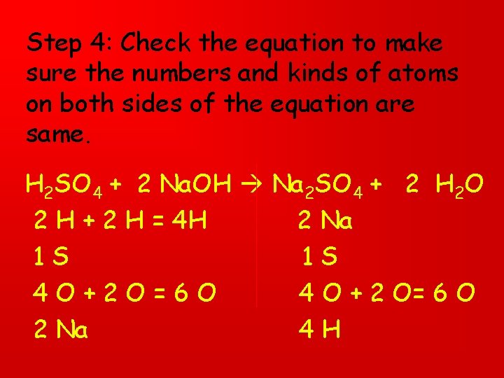 Step 4: Check the equation to make sure the numbers and kinds of atoms